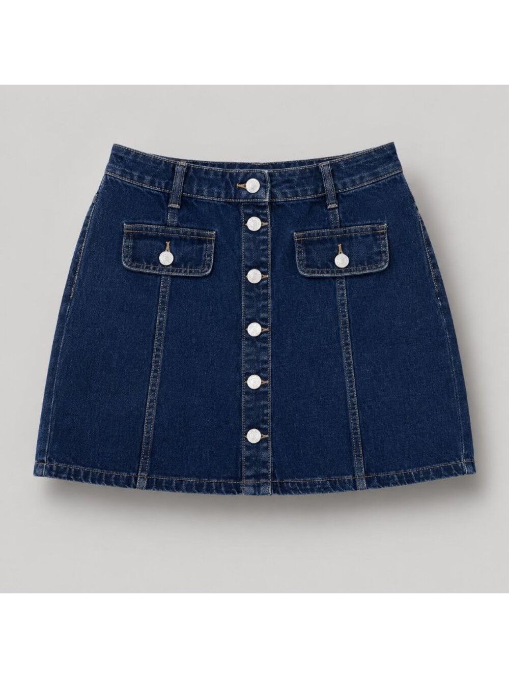 Zara TRF Denim Mini Skirt Small Blue Button Front A-Line Utility Pocket Jean